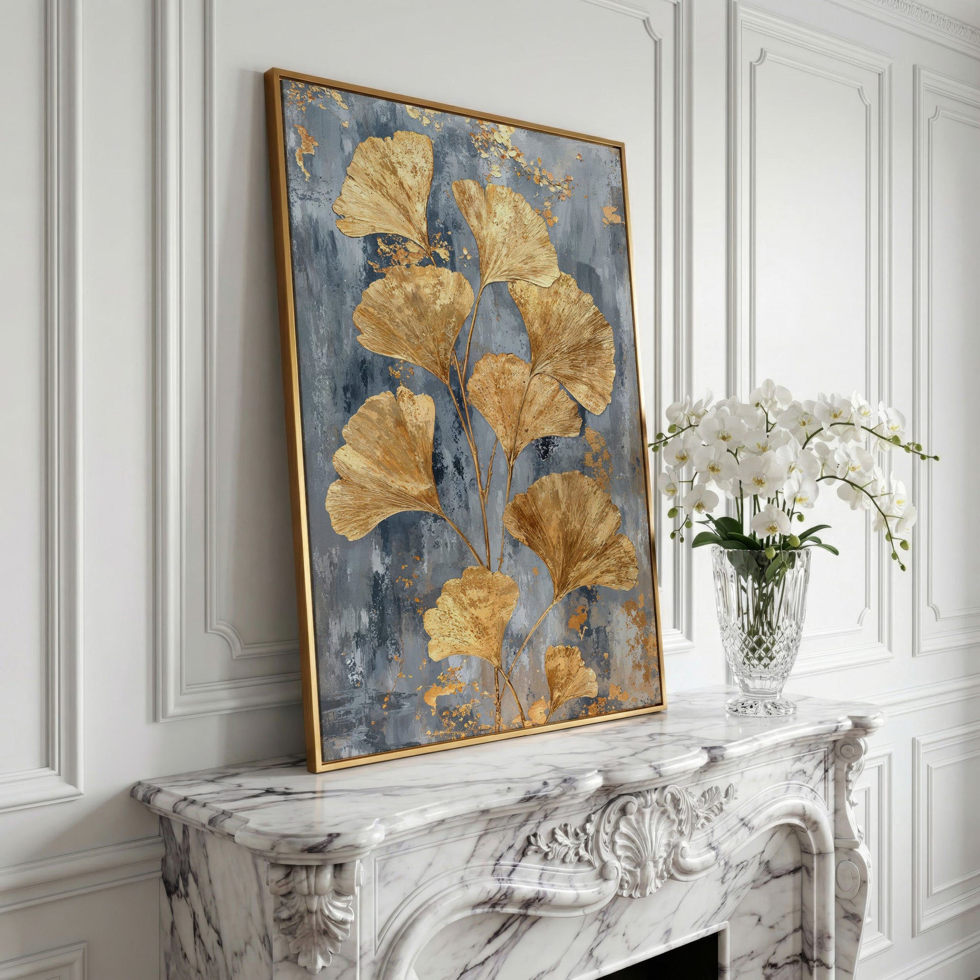 Golden Ginkgo Leaves on Slate Canvas in yellow gold floating frame