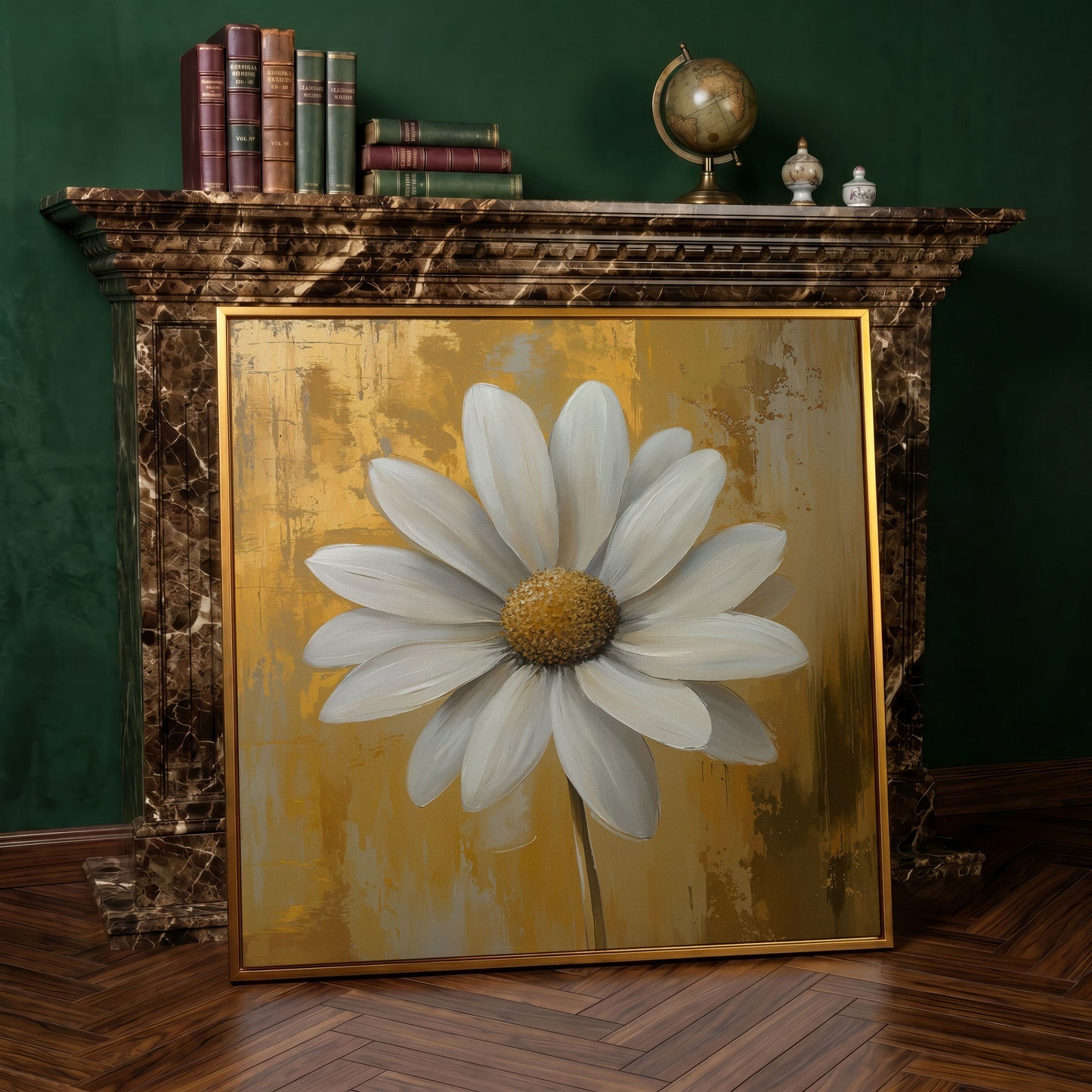 White and Gold Daisy Canvas in antique gold floating frame
