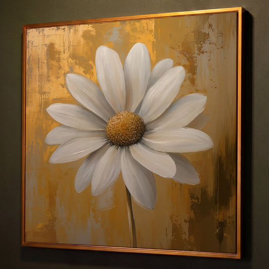 White and Gold Daisy Canvas shown in antique gold floating frame