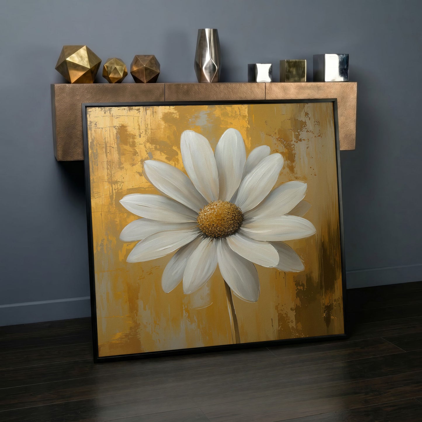 White and Gold Daisy Canvas in black floating frame