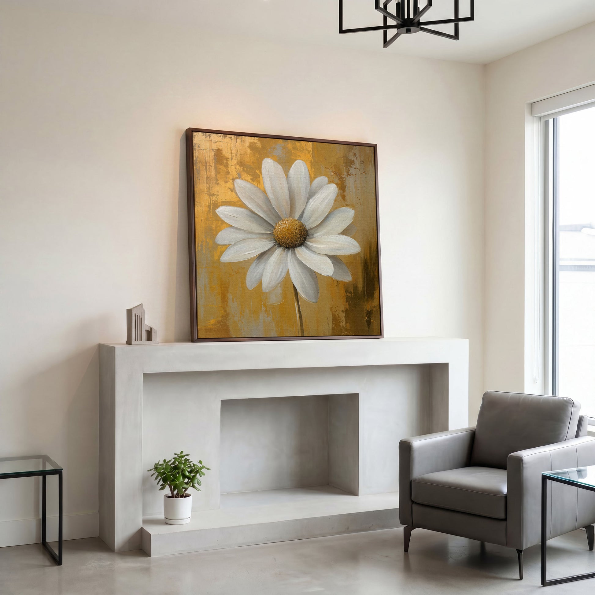White and Gold Daisy Canvas in dark walnut floating frame