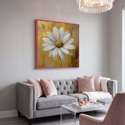 White and Gold Daisy Canvas in pink floating frame