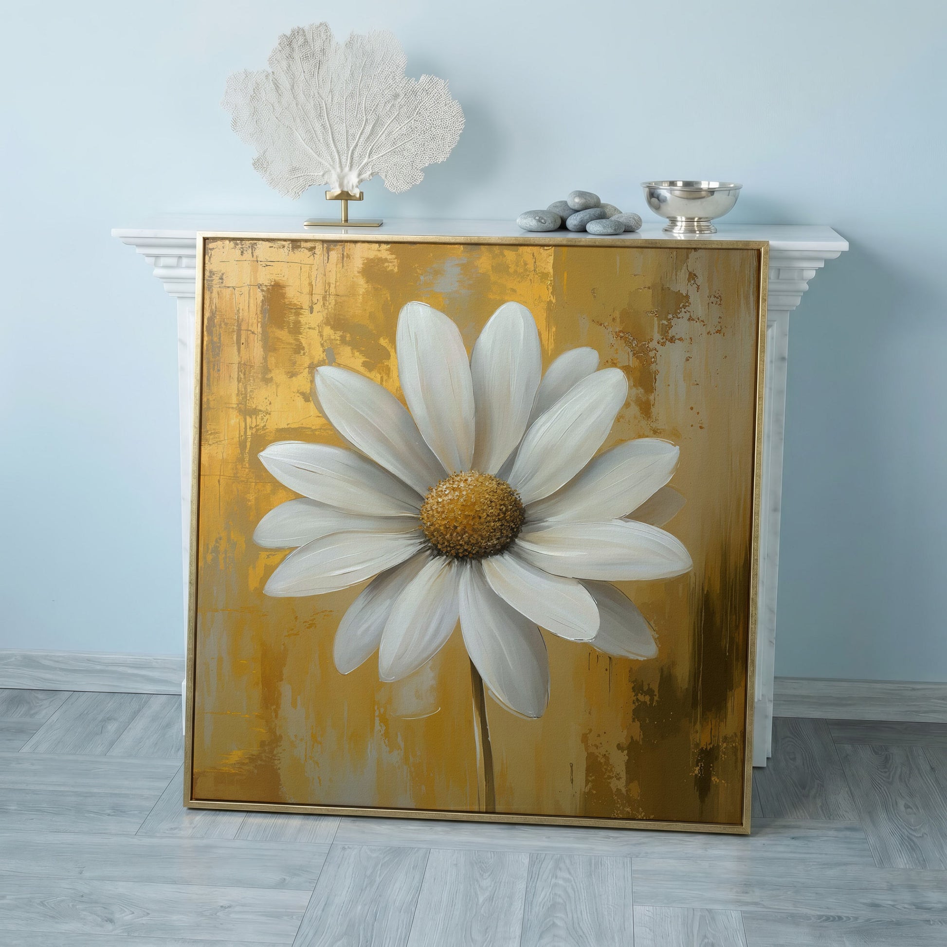White and Gold Daisy Canvas in rose gold floating frame