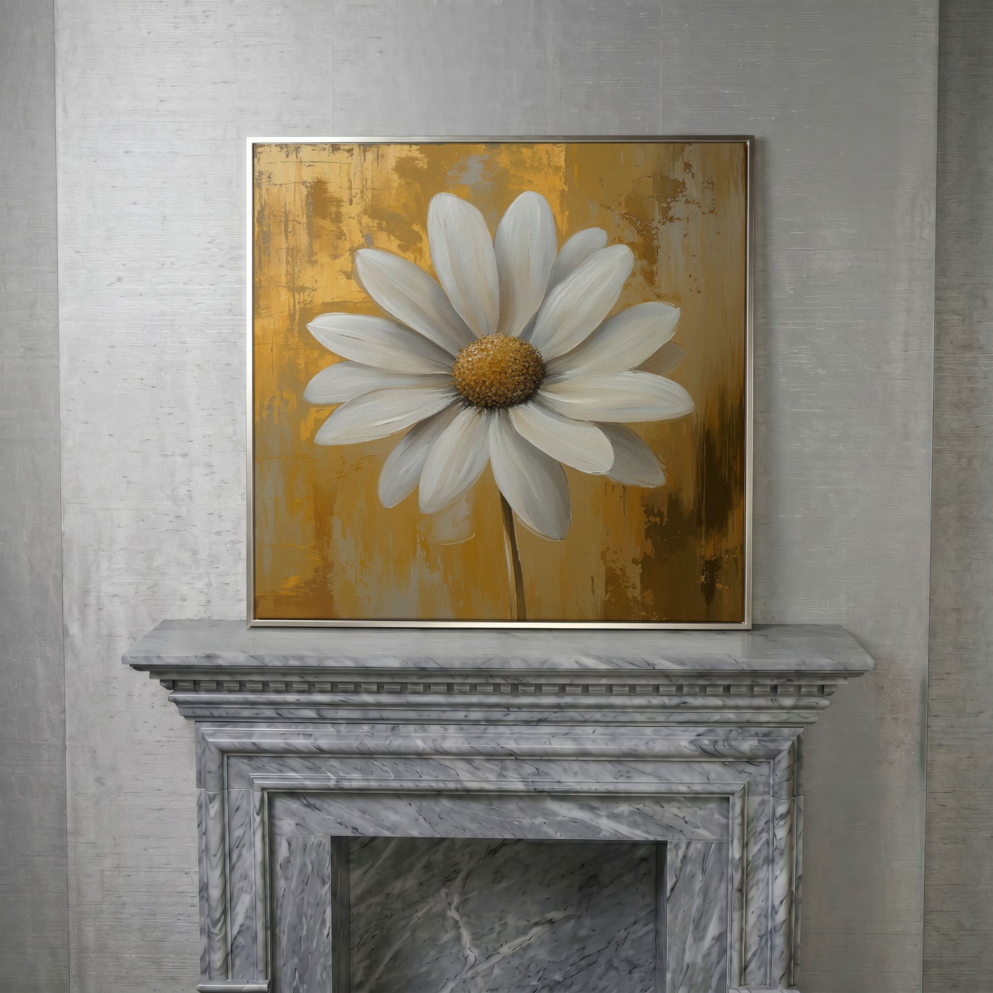 White and Gold Daisy Canvas in silver floating frame
