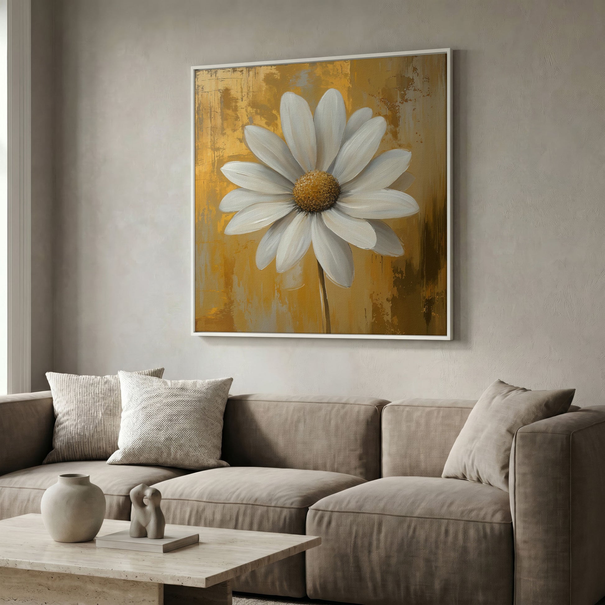White and Gold Daisy Canvas in white floating frame