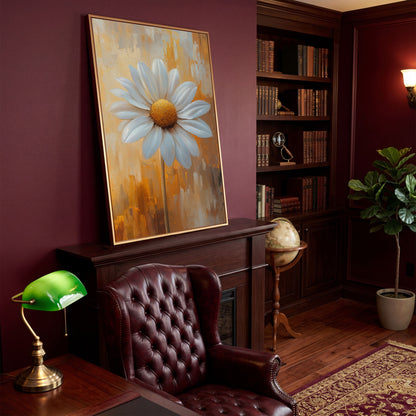 White Daisy on Ochre Canvas Print in antique gold floating frame