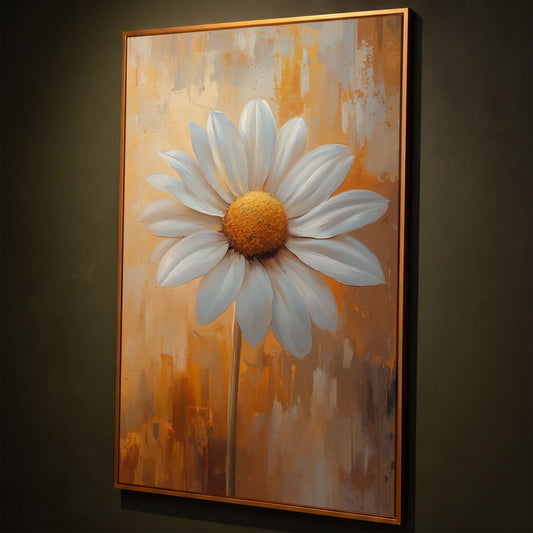 White Daisy on Ochre Canvas Print shown in antique gold floating frame