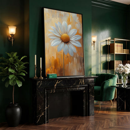 White Daisy on Ochre Canvas Print in black floating frame