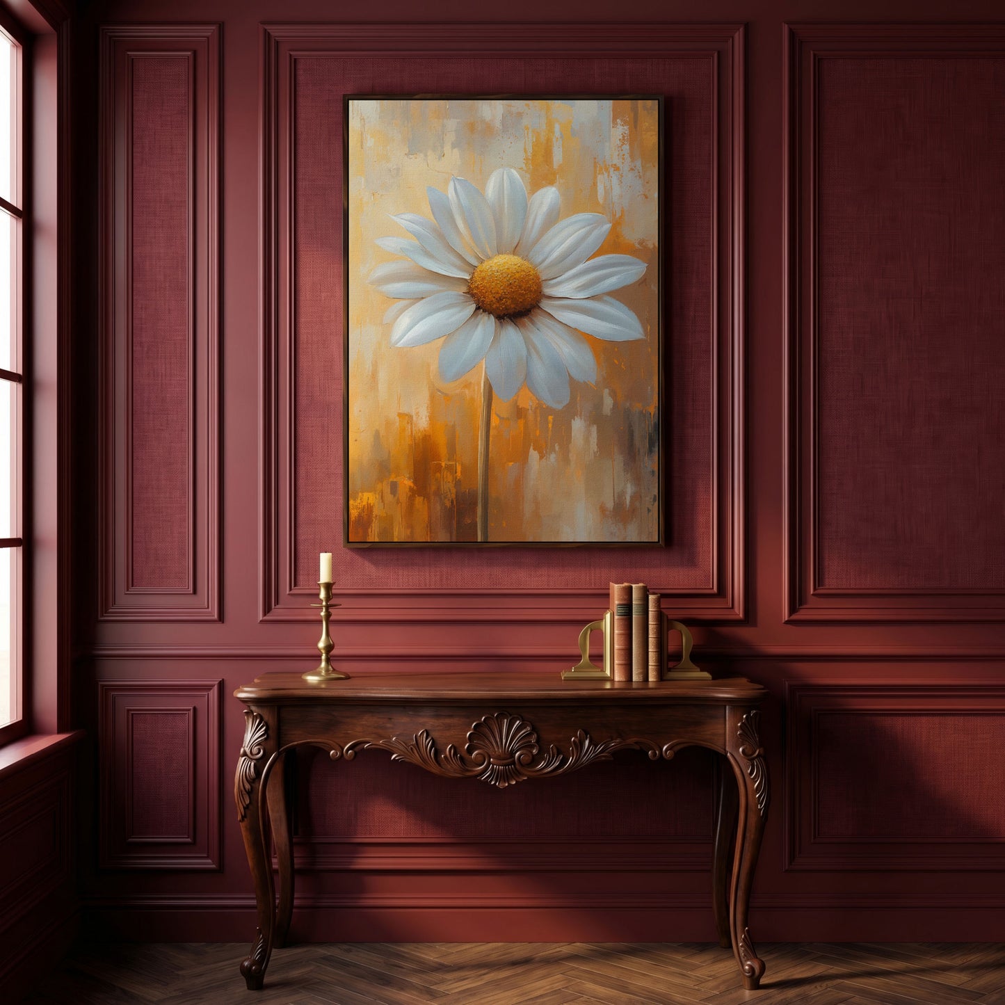 White Daisy on Ochre Canvas Print in dark walnut floating frame