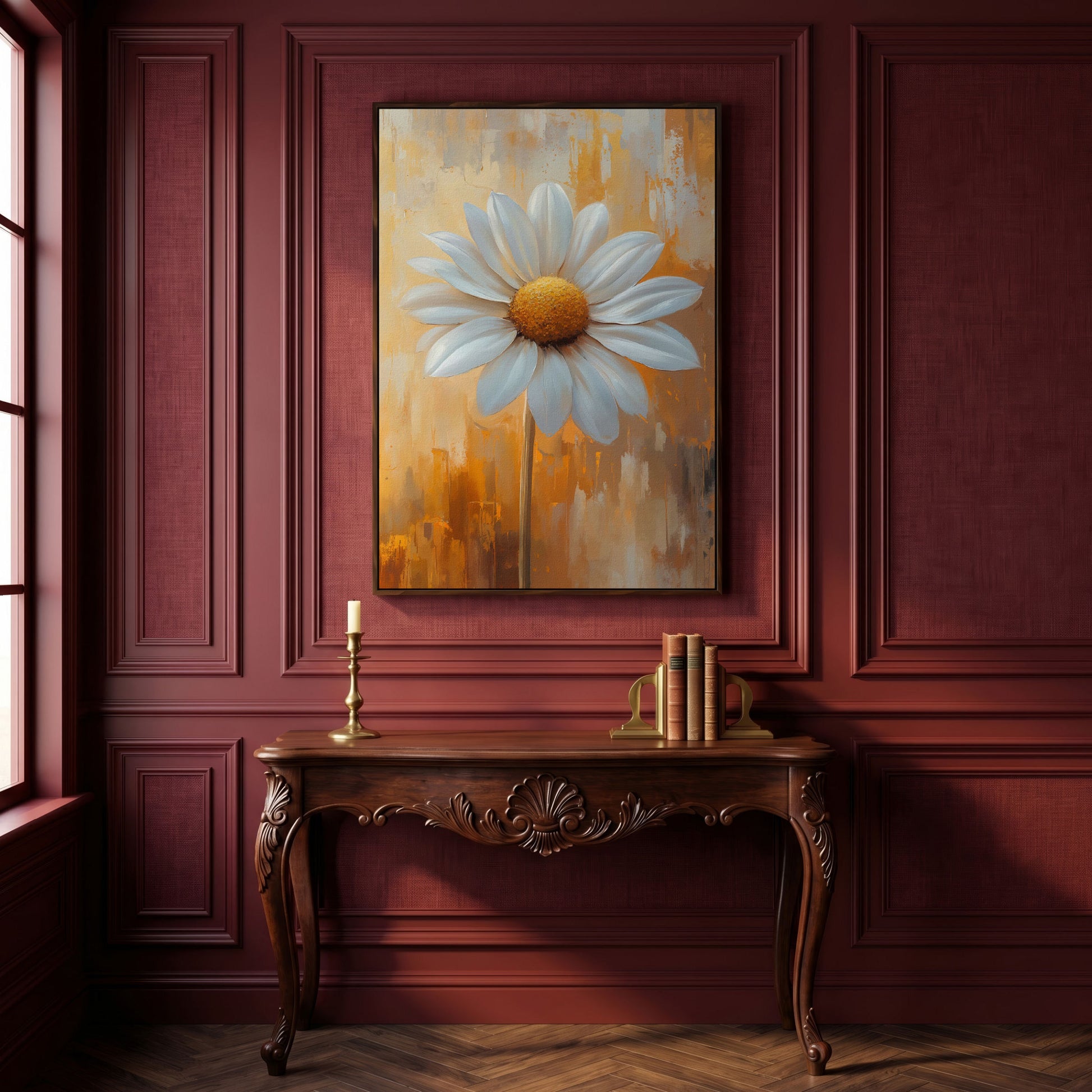 White Daisy on Ochre Canvas Print in dark walnut floating frame