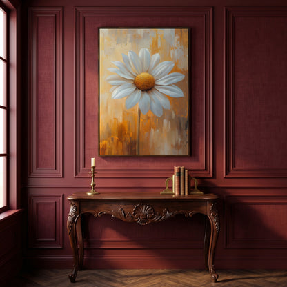 White Daisy on Ochre Canvas Print in dark walnut floating frame