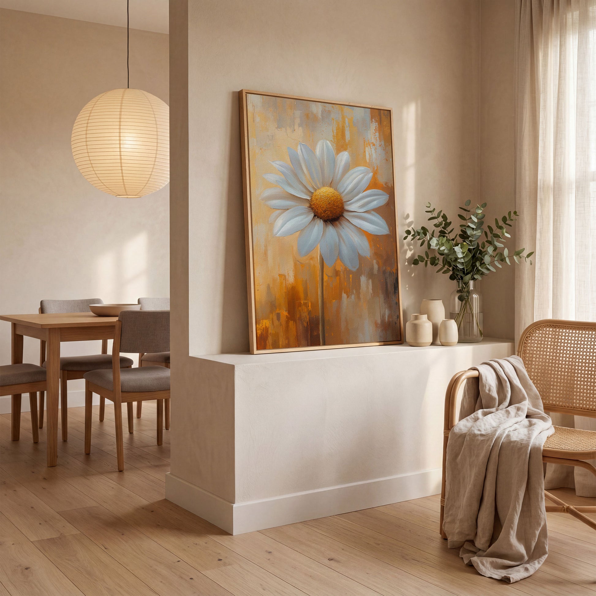 White Daisy on Ochre Canvas Print in white oak floating frame