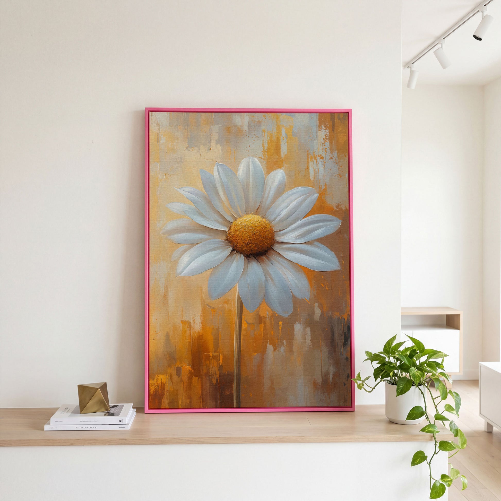 White Daisy on Ochre Canvas Print in pink floating frame