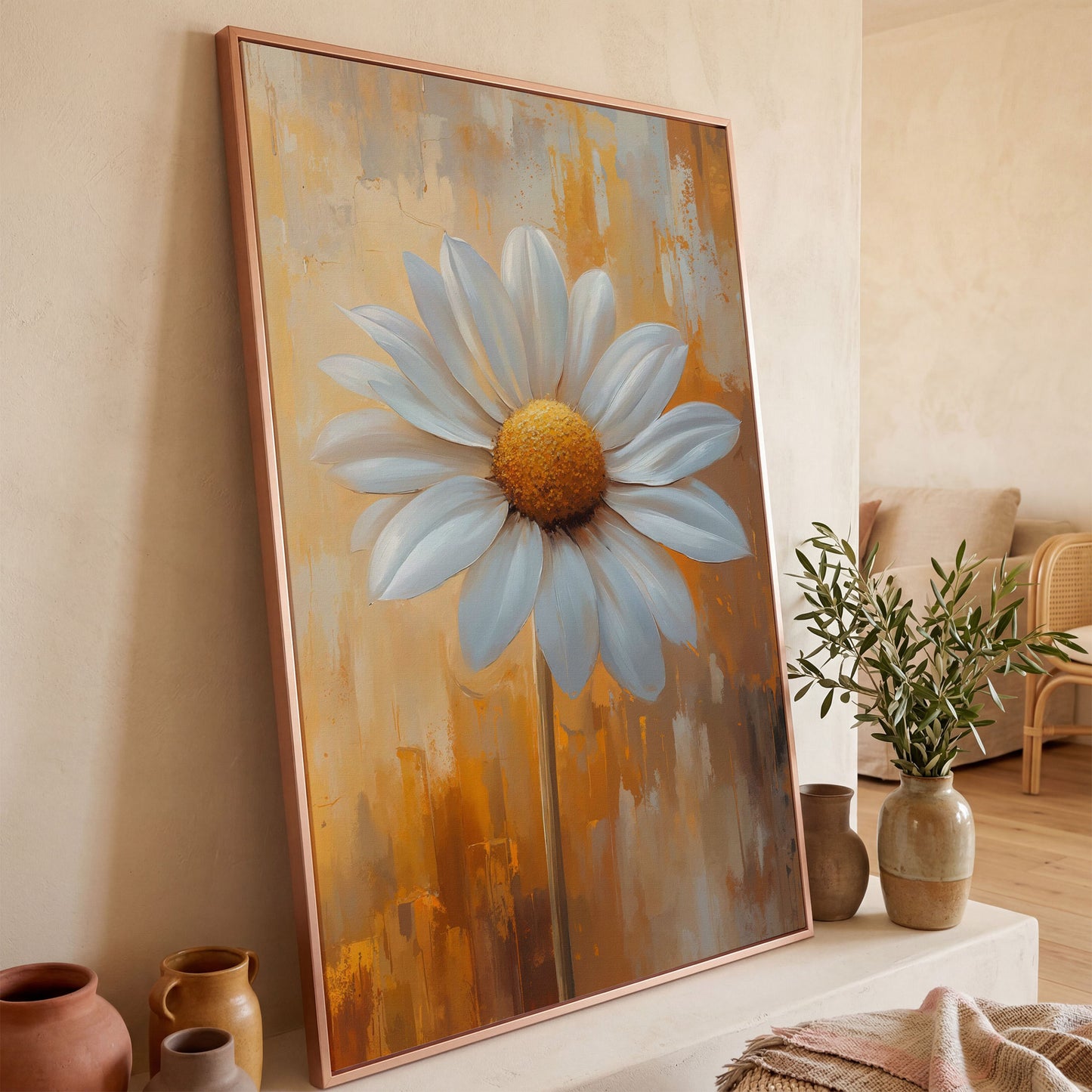 White Daisy on Ochre Canvas Print in rose gold floating frame