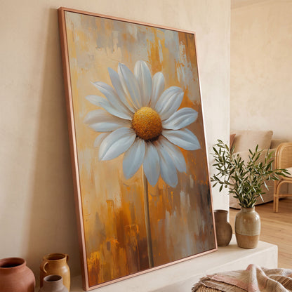 White Daisy on Ochre Canvas Print in rose gold floating frame