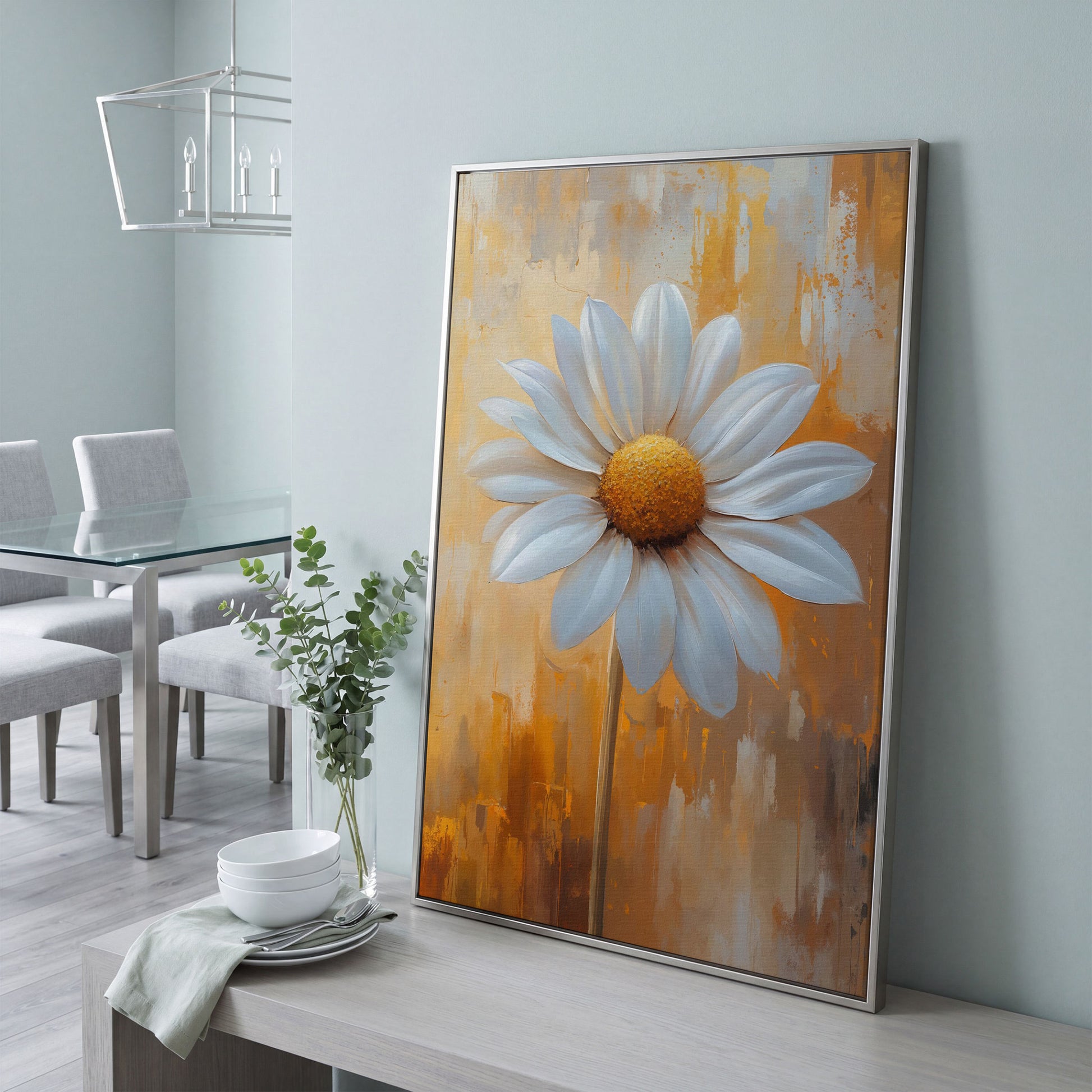 White Daisy on Ochre Canvas Print in silver floating frame