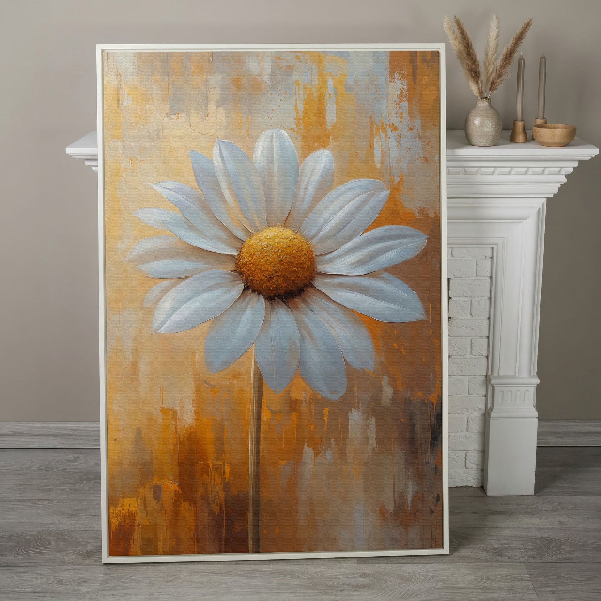 White Daisy on Ochre Canvas Print in white floating frame