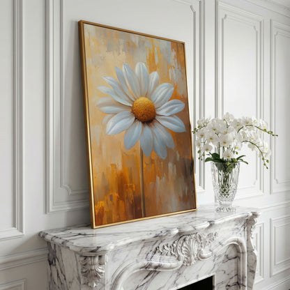 White Daisy on Ochre Canvas Print in yellow gold floating frame