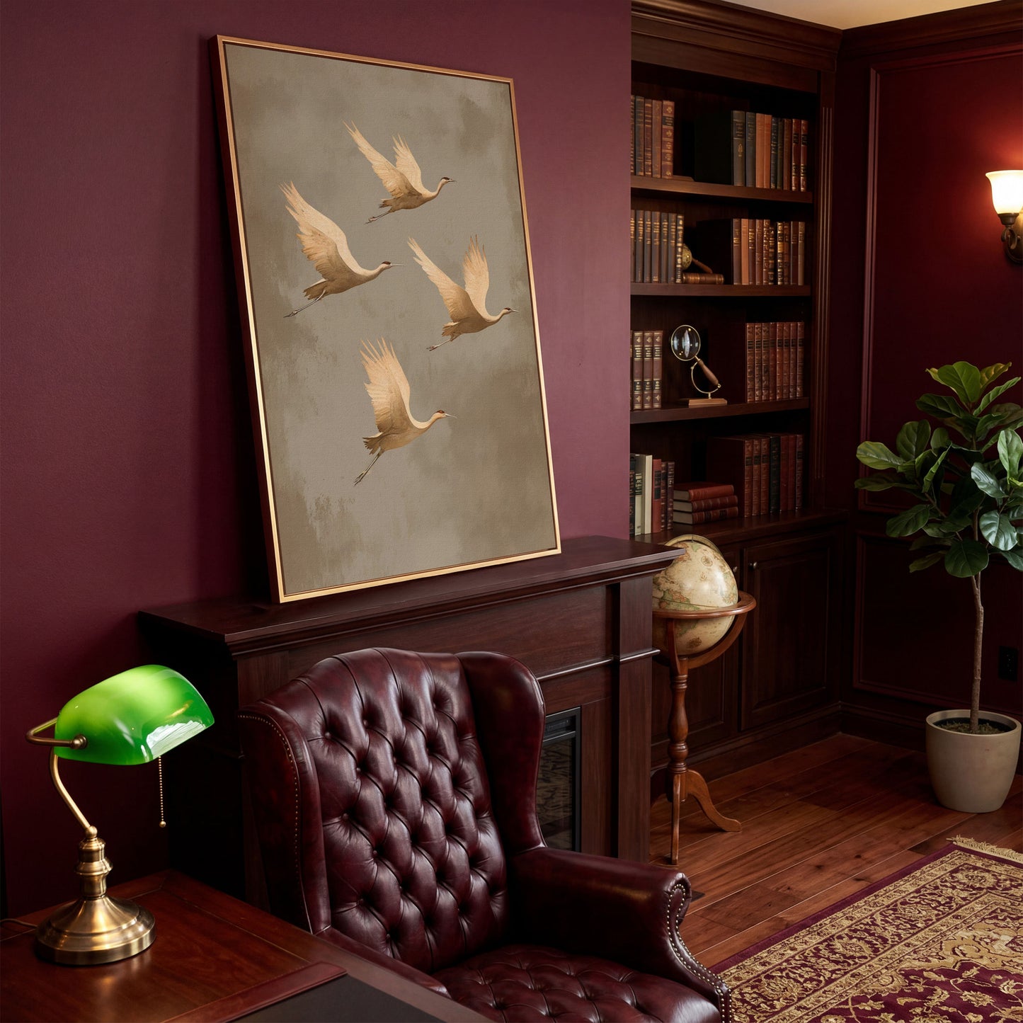 Cranes in Flight Canvas Print, Minimalist Taupe in antique gold floating frame
