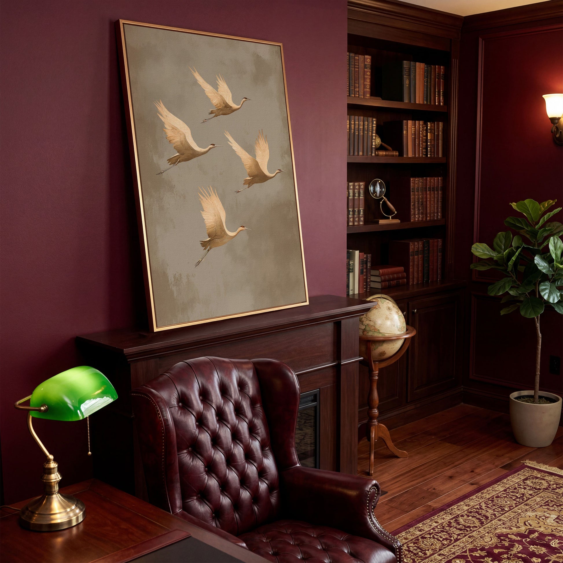 Cranes in Flight Canvas Print, Minimalist Taupe in antique gold floating frame