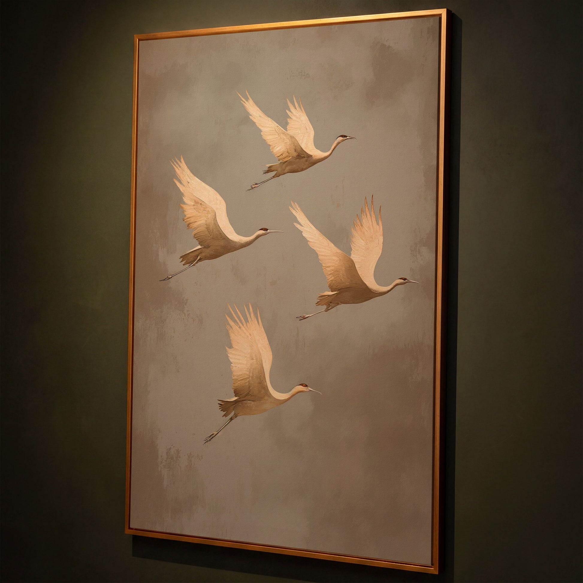 Cranes in Flight Canvas Print, Minimalist Taupe shown in antique gold floating frame
