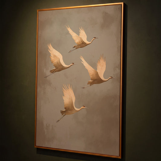 Cranes in Flight Canvas Print, Minimalist Taupe shown in antique gold floating frame