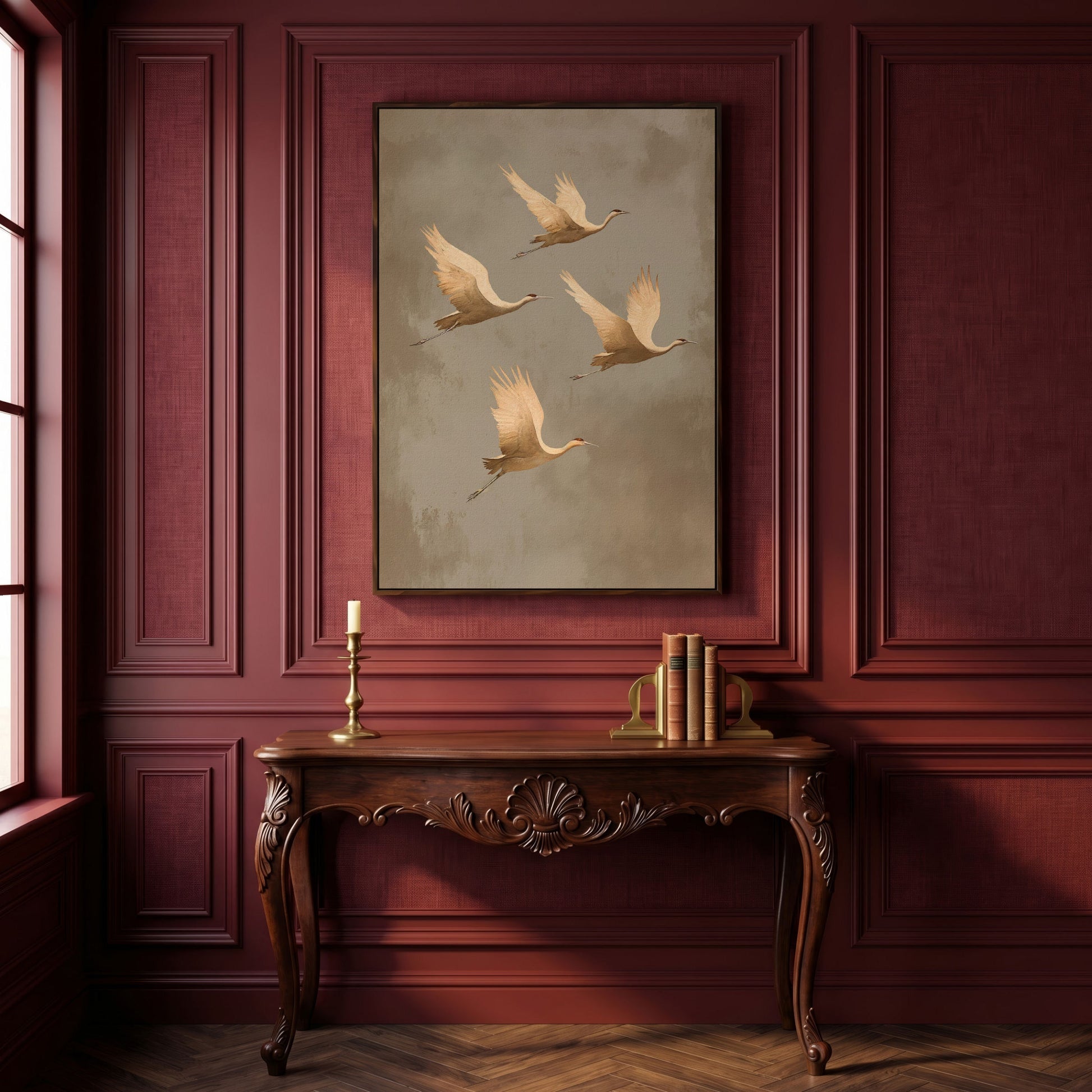 Cranes in Flight Canvas Print, Minimalist Taupe in dark walnut floating frame