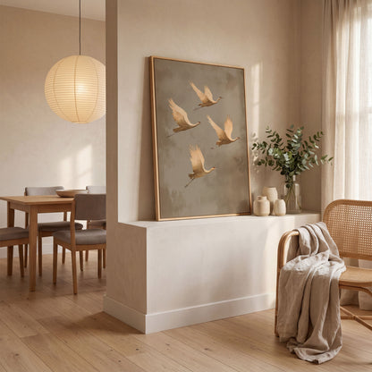 Cranes in Flight Canvas Print, Minimalist Taupe in white oak floating frame