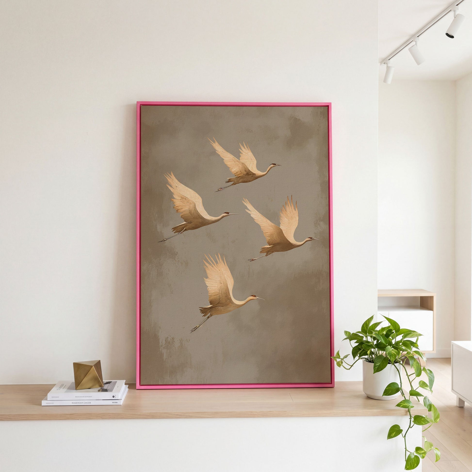 Cranes in Flight Canvas Print, Minimalist Taupe in pink floating frame