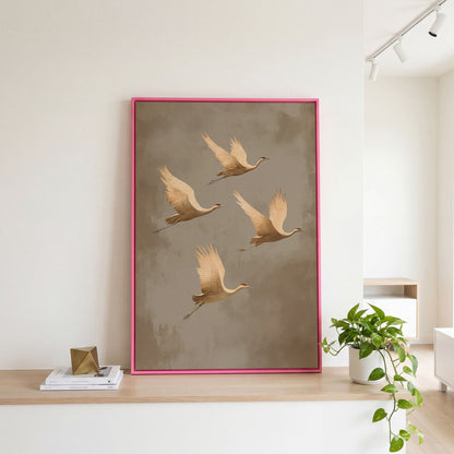 Cranes in Flight Canvas Print, Minimalist Taupe in pink floating frame