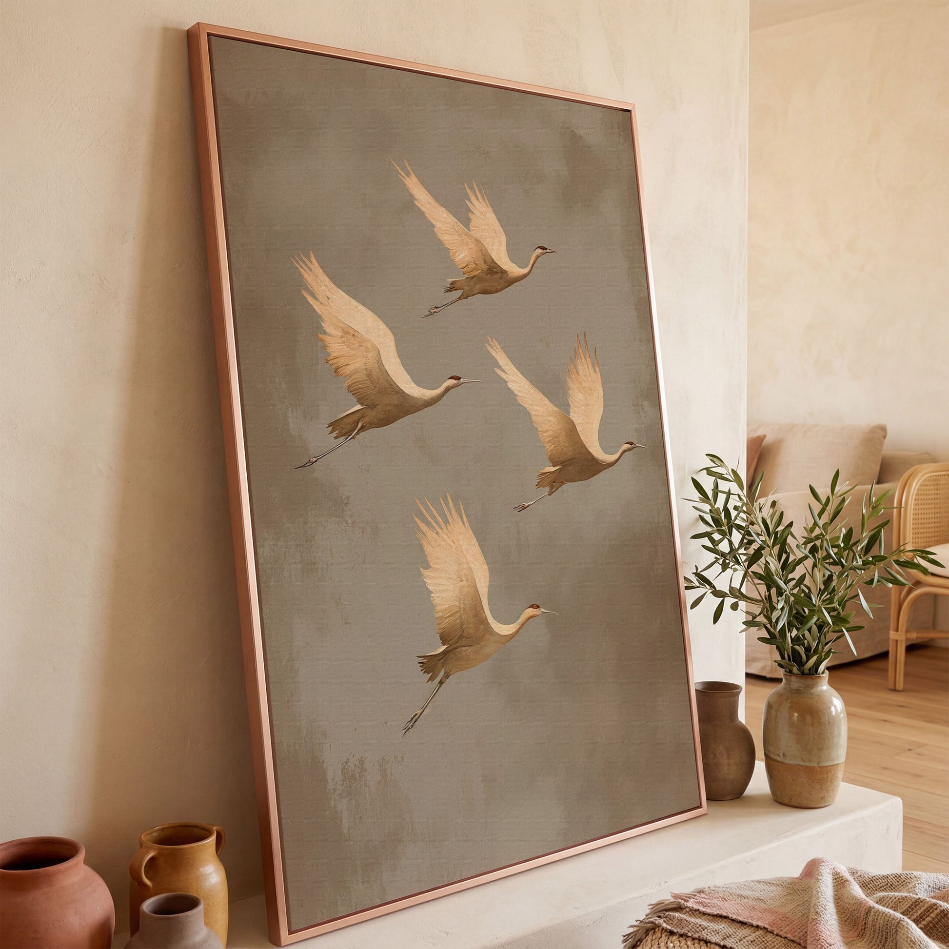 Cranes in Flight Canvas Print, Minimalist Taupe in rose gold floating frame