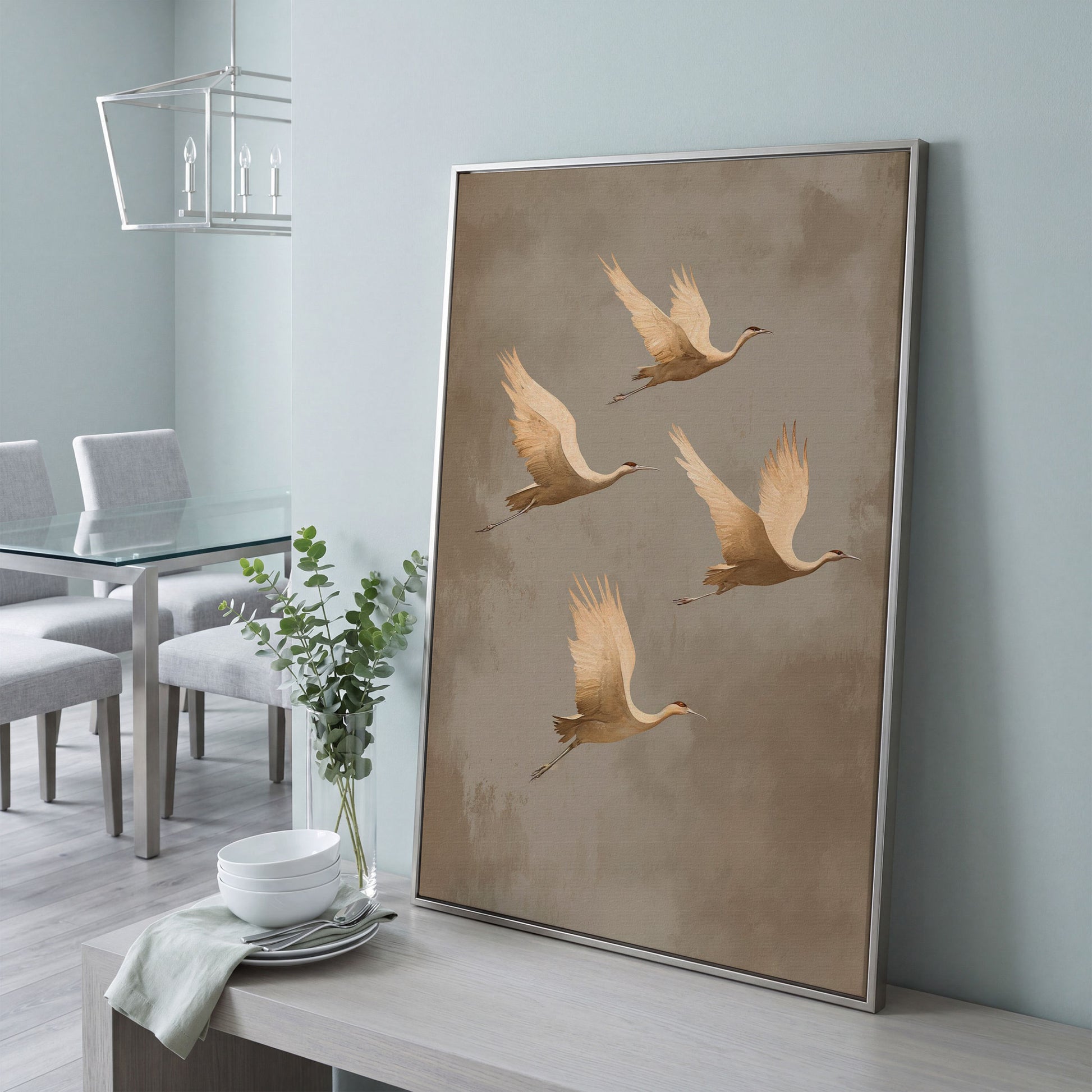Cranes in Flight Canvas Print, Minimalist Taupe in silver floating frame