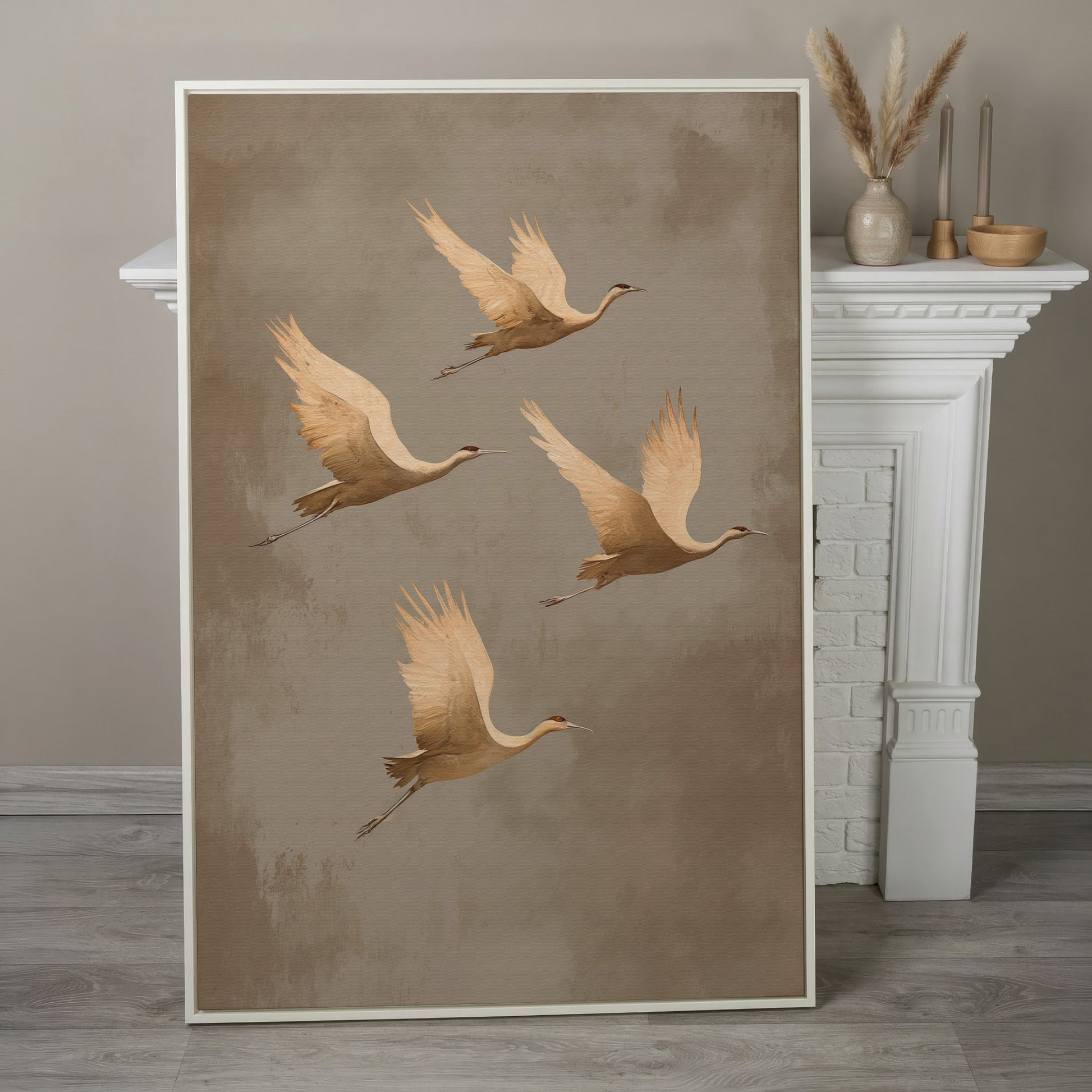 Cranes in Flight Canvas Print, Minimalist Taupe in white floating frame