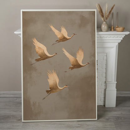 Cranes in Flight Canvas Print, Minimalist Taupe in white floating frame