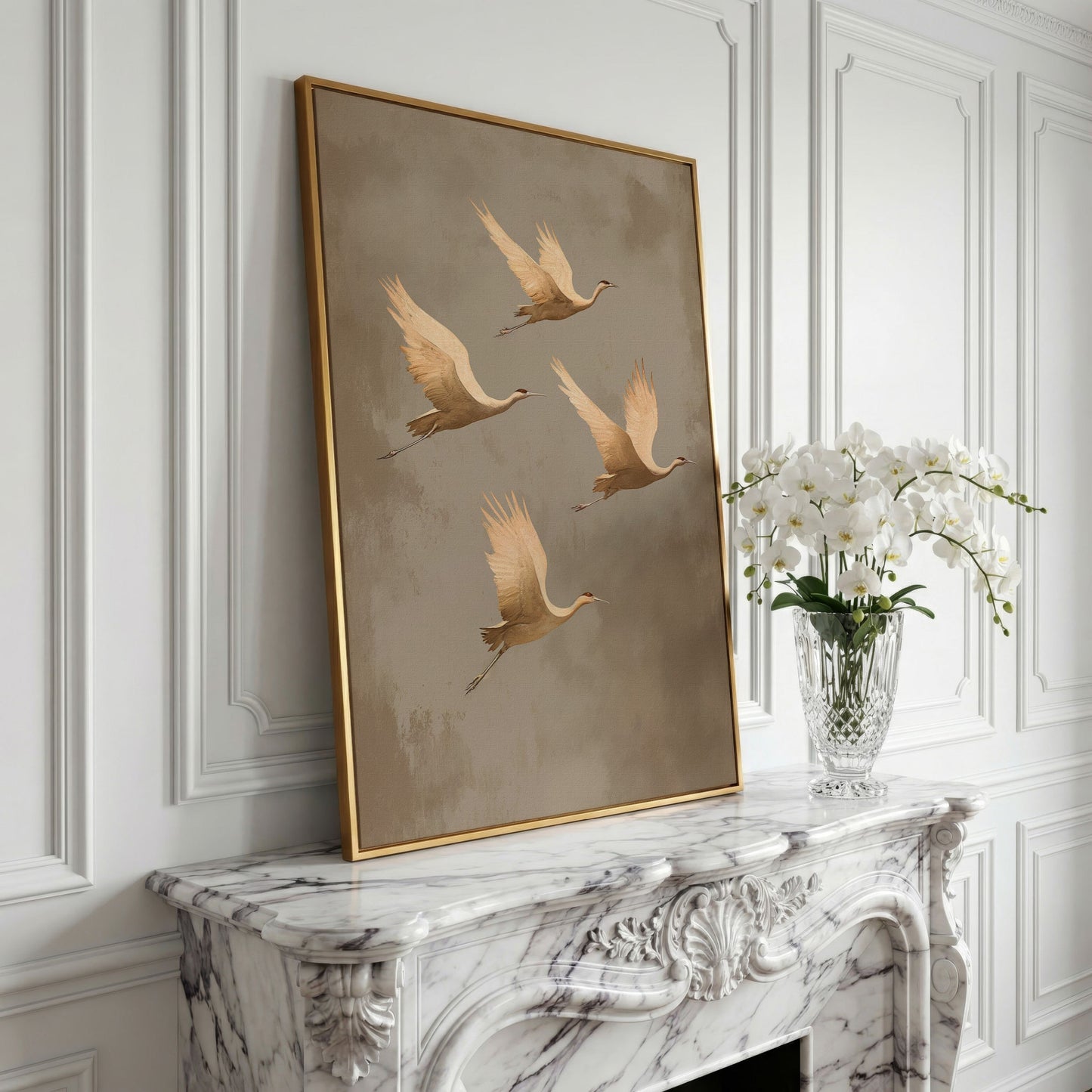 Cranes in Flight Canvas Print, Minimalist Taupe in yellow gold floating frame