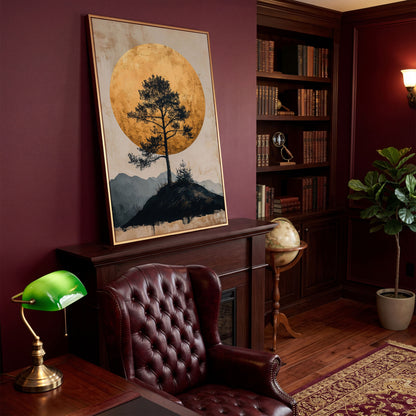 Lone Tree and Golden Moon Canvas Art, Portrait Wall Print in antique gold floating frame