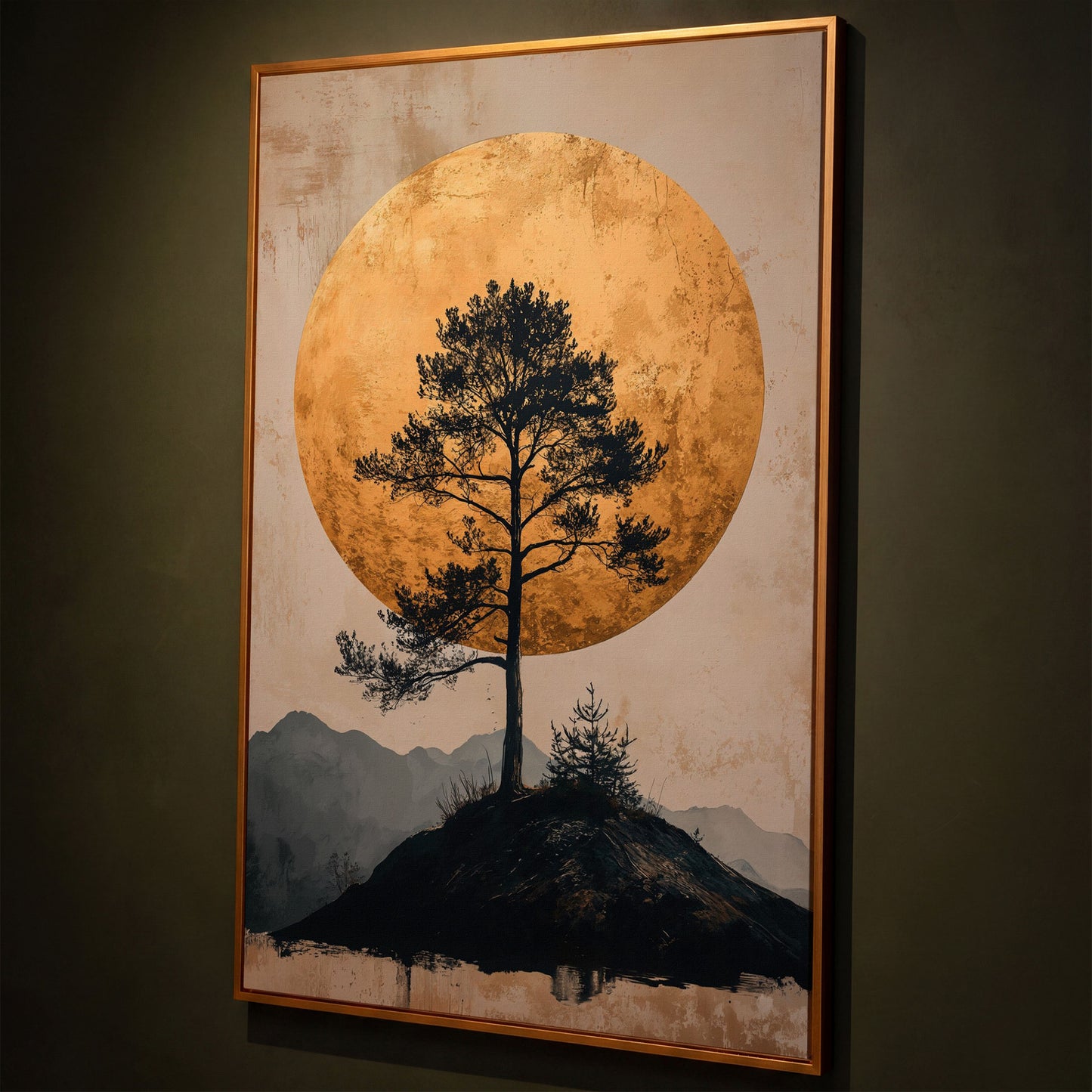 Lone Tree and Golden Moon Canvas Art, Portrait Wall Print shown in antique gold floating frame