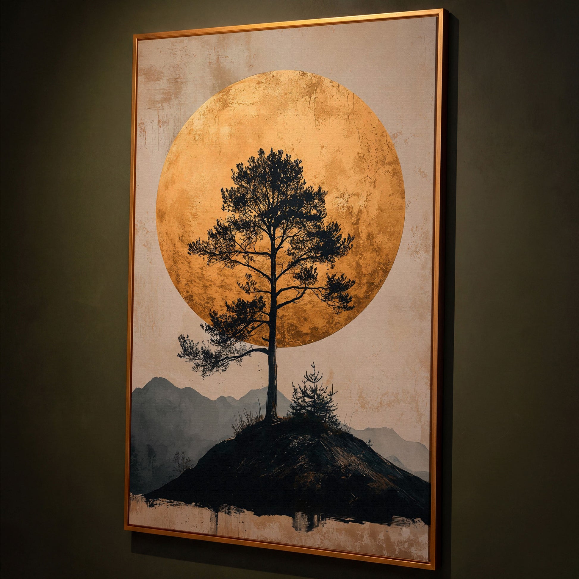 Lone Tree and Golden Moon Canvas Art, Portrait Wall Print shown in antique gold floating frame