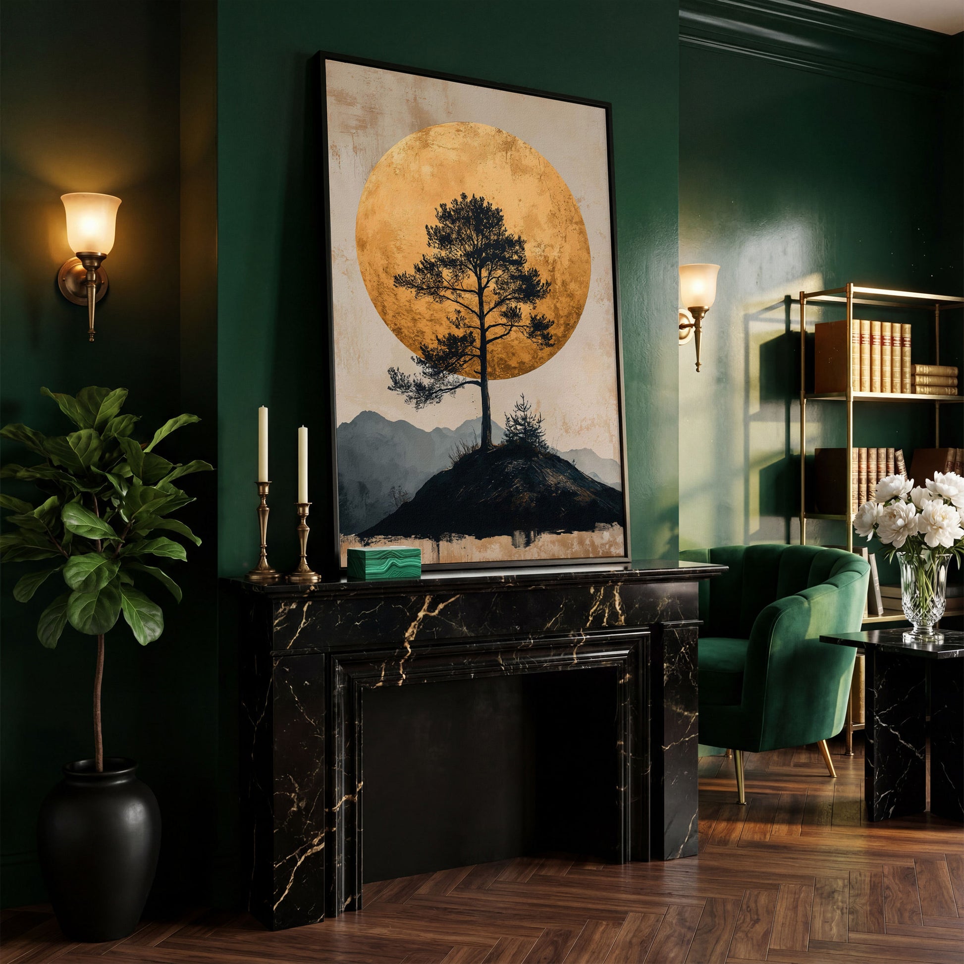 Lone Tree and Golden Moon Canvas Art, Portrait Wall Print in black floating frame