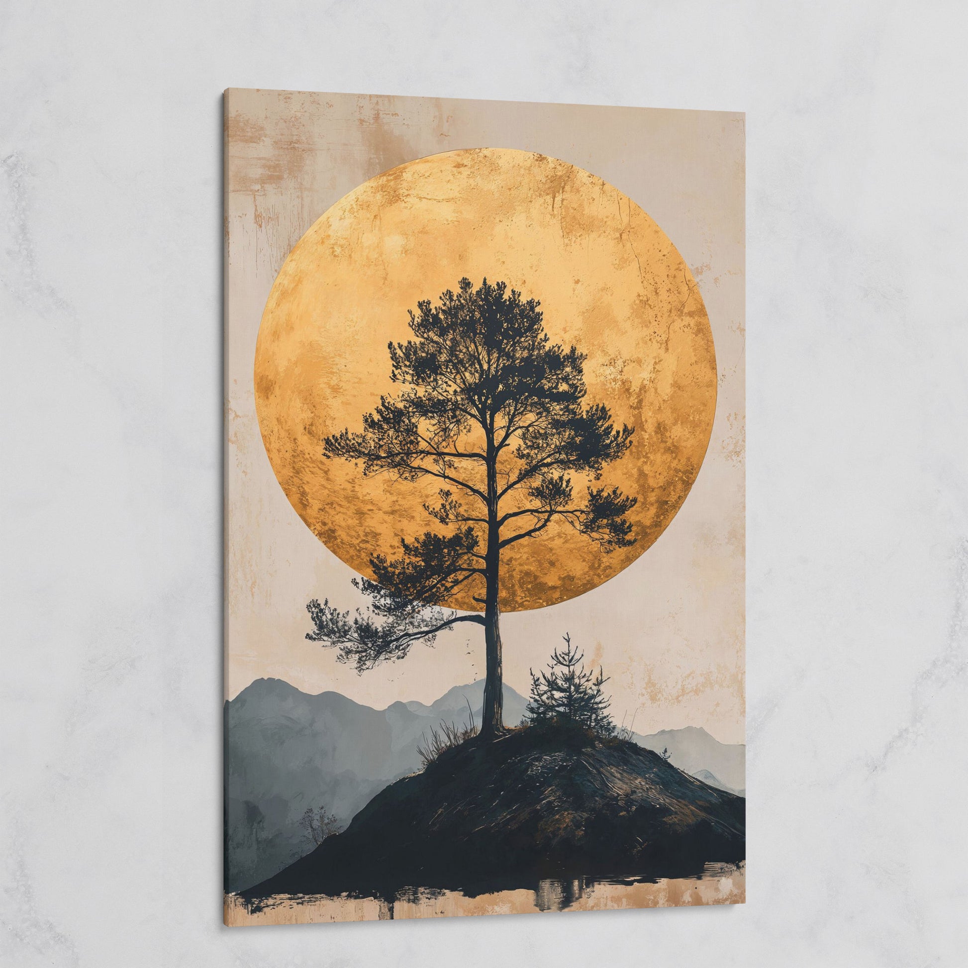 Lone Tree and Golden Moon Canvas Art, Portrait Wall Print on gallery wrap