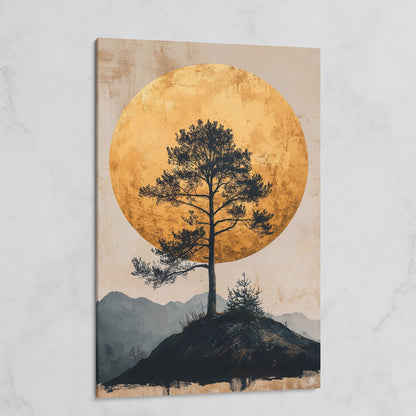 Lone Tree and Golden Moon Canvas Art, Portrait Wall Print on gallery wrap