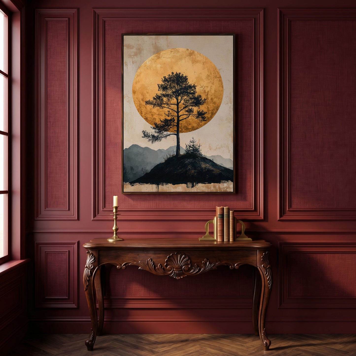 Lone Tree and Golden Moon Canvas Art, Portrait Wall Print in dark walnut floating frame