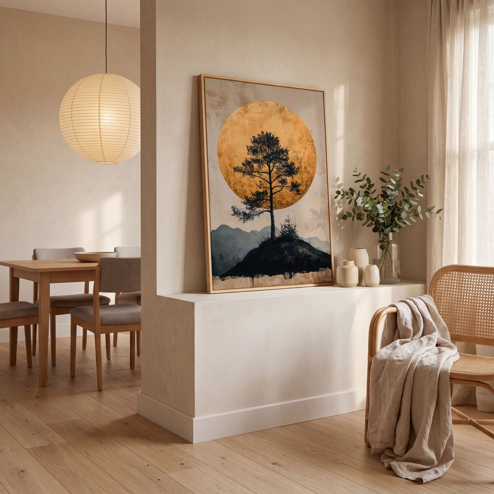 Lone Tree and Golden Moon Canvas Art, Portrait Wall Print in white oak floating frame