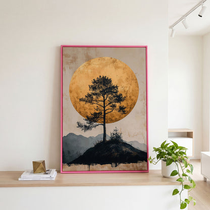 Lone Tree and Golden Moon Canvas Art, Portrait Wall Print in pink floating frame