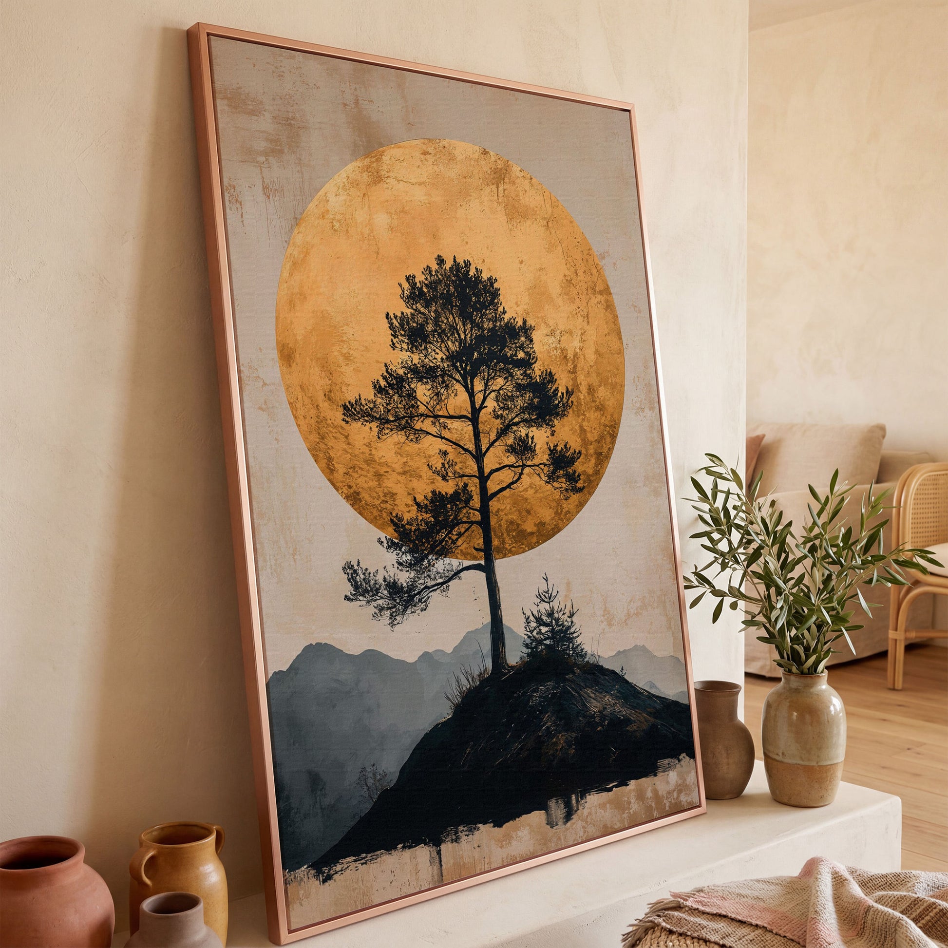Lone Tree and Golden Moon Canvas Art, Portrait Wall Print in rose gold floating frame