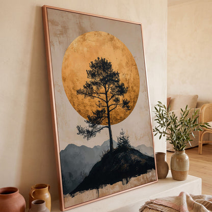 Lone Tree and Golden Moon Canvas Art, Portrait Wall Print in rose gold floating frame