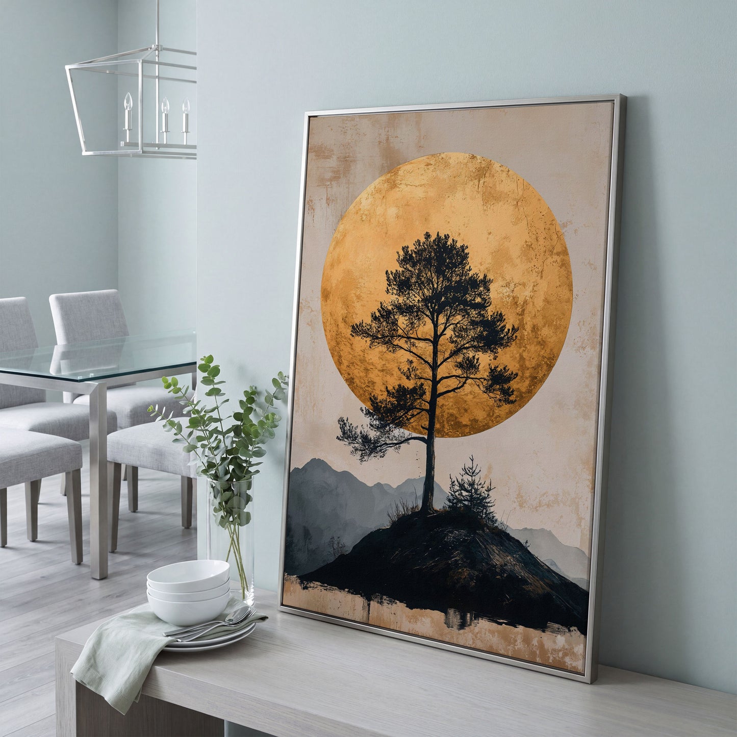 Lone Tree and Golden Moon Canvas Art, Portrait Wall Print in silver floating frame