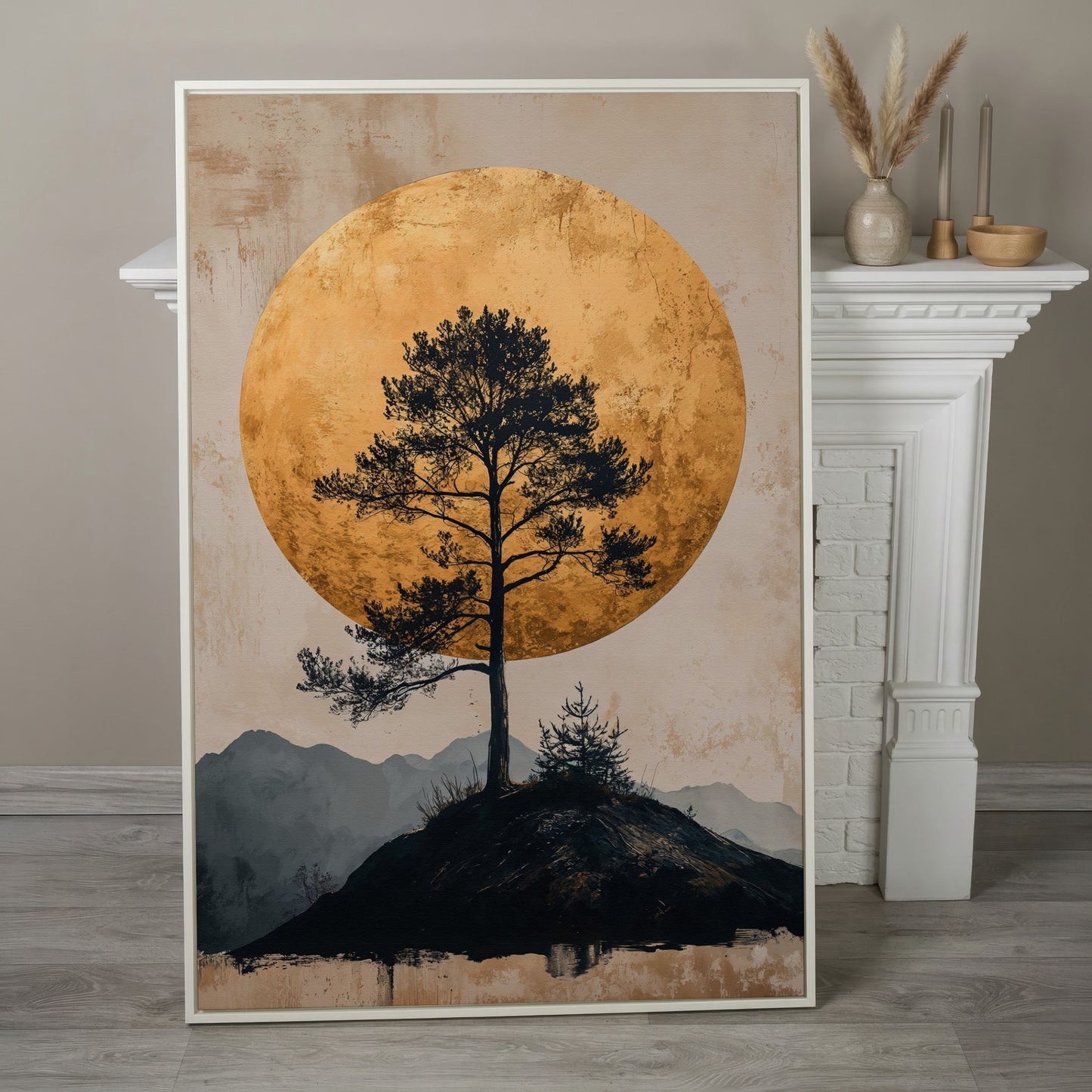 Lone Tree and Golden Moon Canvas Art, Portrait Wall Print in white floating frame