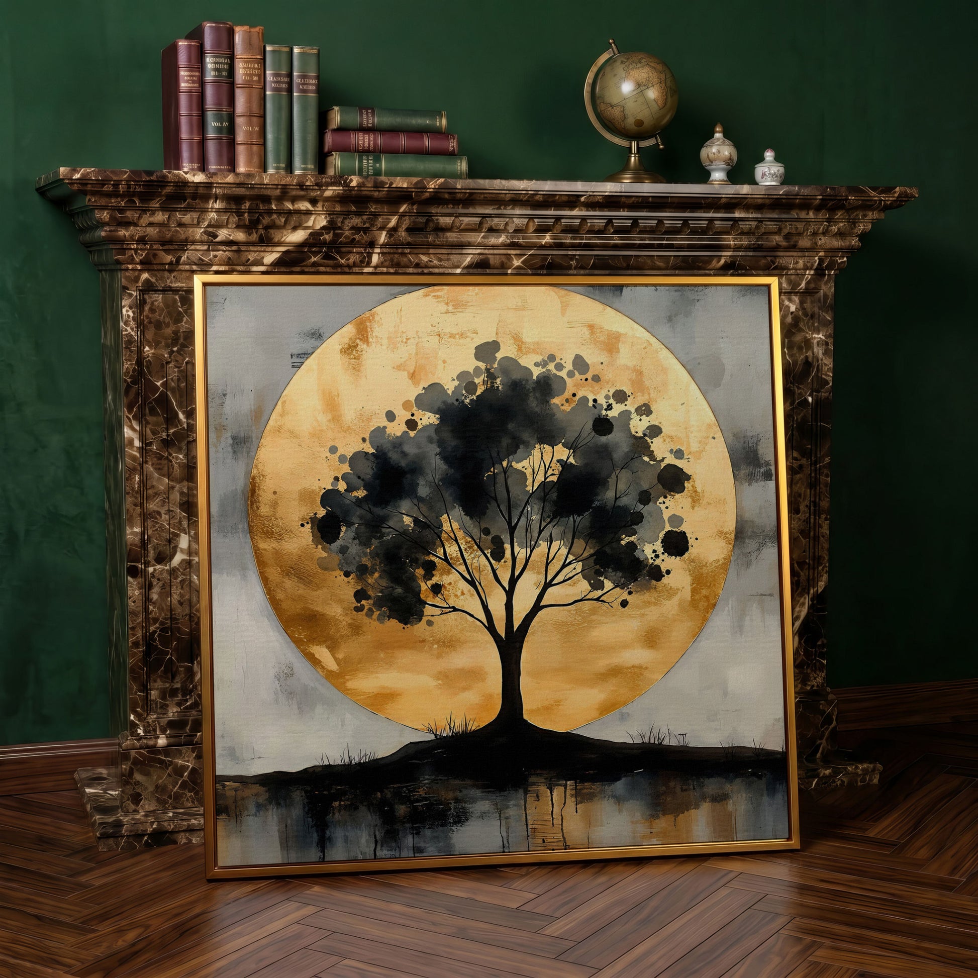Abstract Tree Silhouette with Golden Moon Canvas in antique gold floating frame