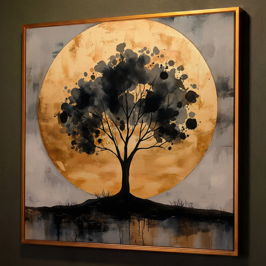 Abstract Tree Silhouette with Golden Moon Canvas shown in antique gold floating frame